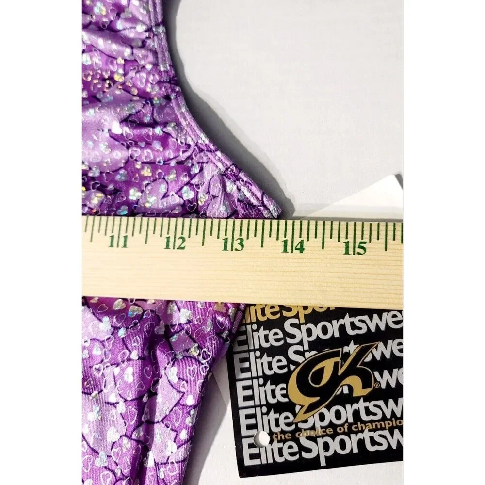 GK Elite Gymnastics Dance Racerback Keyhole Leotard Foil Hearts Purple Adult L